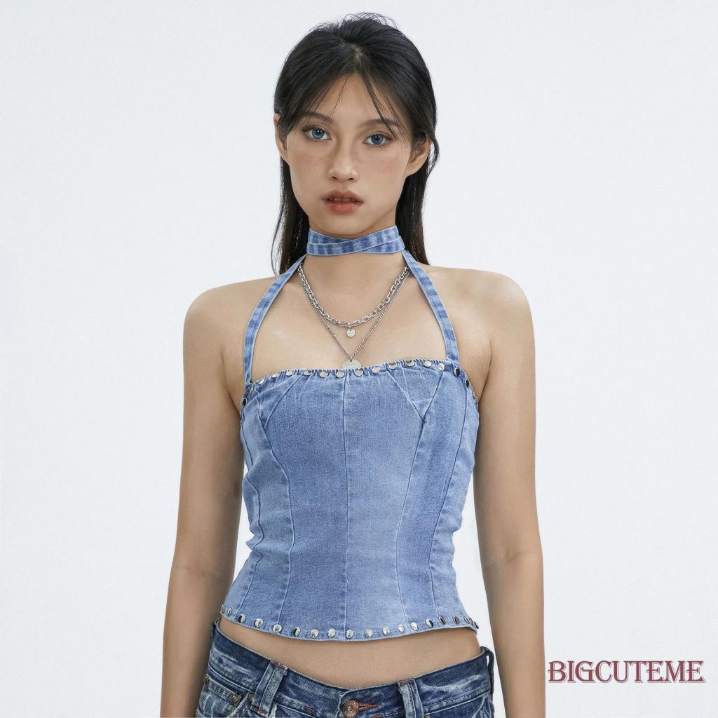 Áo Denim Sát Nách Màu Sắc Tương Phản Đính Đinh Tán Thời Trang Mùa Hè Cho Nữ