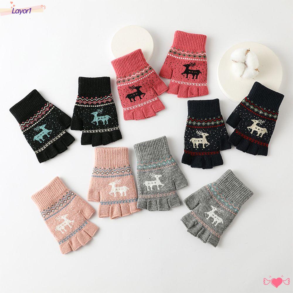 LAYOR1 1 Đôi Găng Tay Len Hở Ngón Chạm Màn Hình Cảm Ứng Họa Tiết Hươu Hoạt Hình