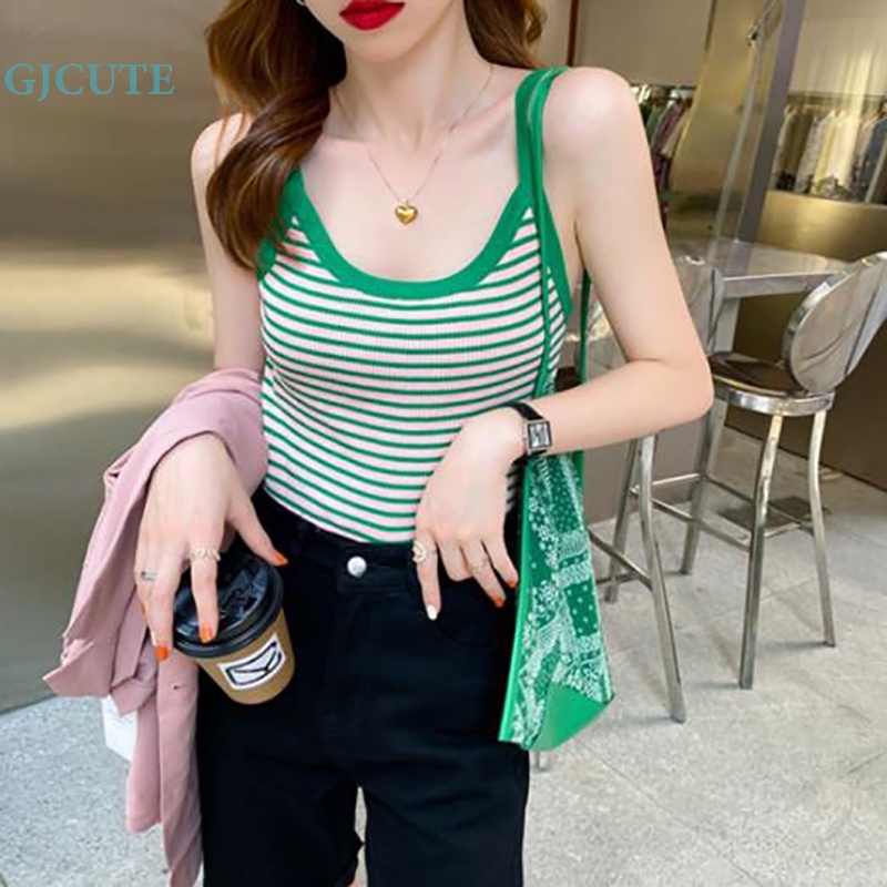 Áo Hai Dây Dệt Kim Mỏng Mùa Hè In Họa Tiết Sọc Cổ Điển Cho Nữ WTD