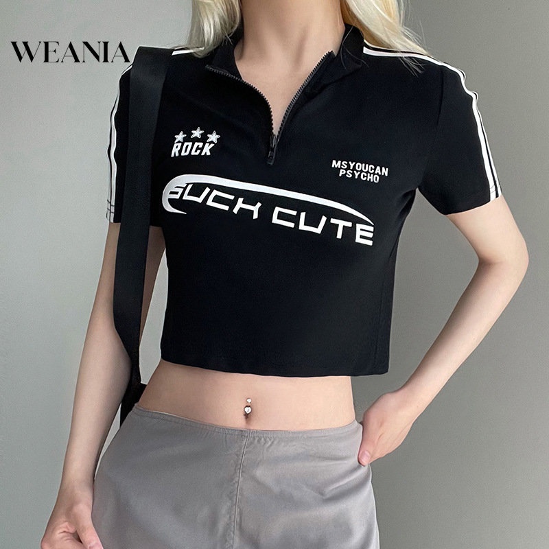 Áo Croptop Cổ Đứng In Chữ Phong Cách Đường Phố Châu Âu Cá Tính Cho Nữ