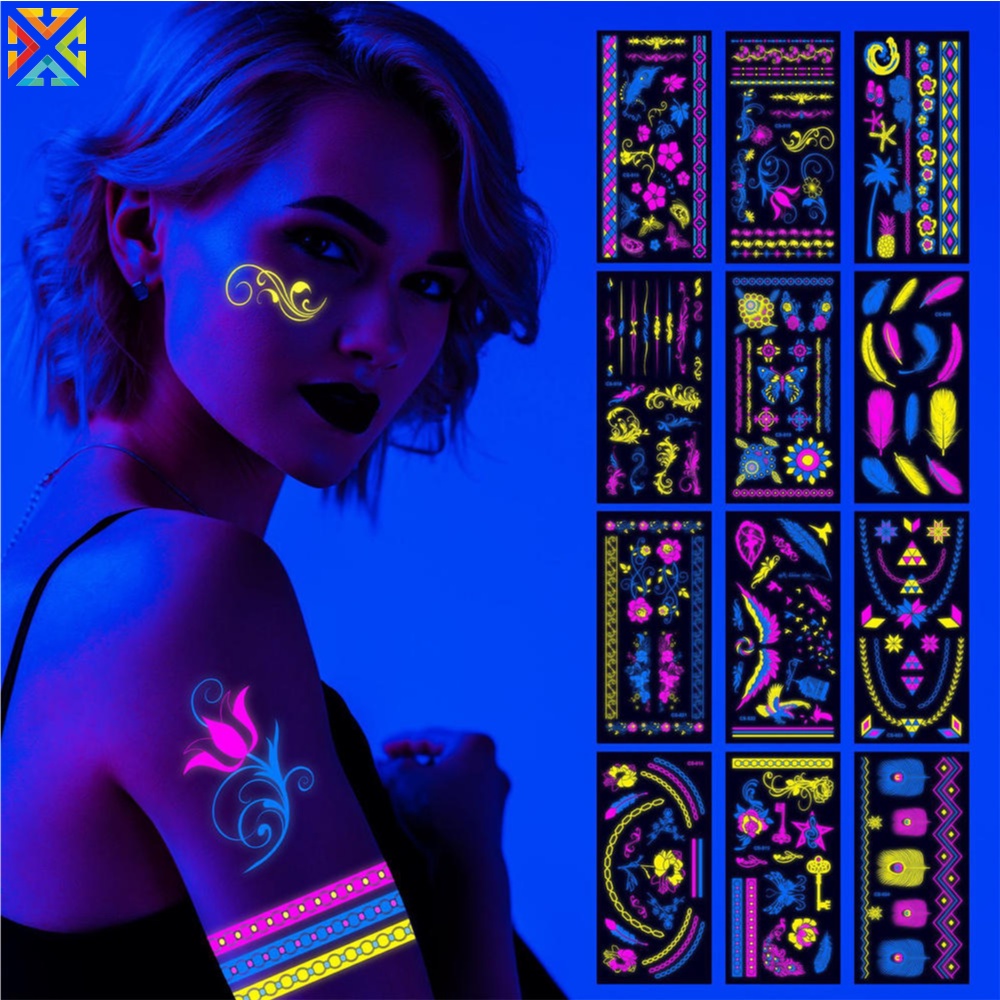 Hình Xăm Dán Tạm Thời Chống Nước Màu Neon Phát Sáng Trong Bóng Tối