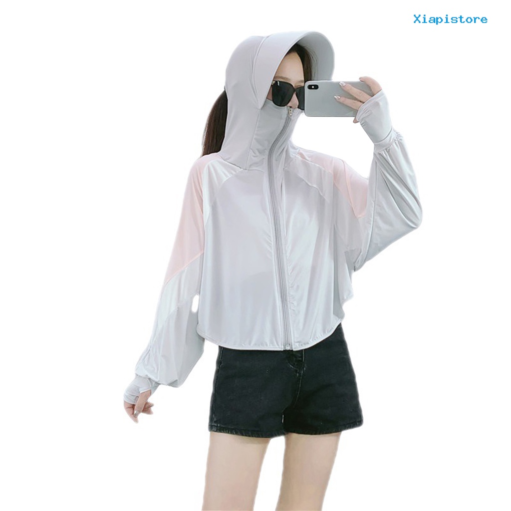 [XI] Áo Khoác Chống Nắng Tay Dài Cổ Đứng Chắp Vá Lỗ Bằng Lụa Lạnh Siêu Mỏng Có Mũ Rộng Vành Cho Nữ