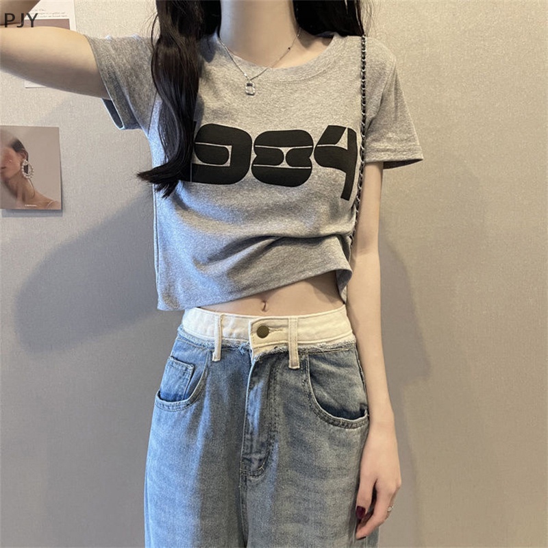 Áo Thun Crop Top Tay Ngắn Cổ Tròn In Chữ Số Thời Trang Mùa Hè Cho Nữ PJ