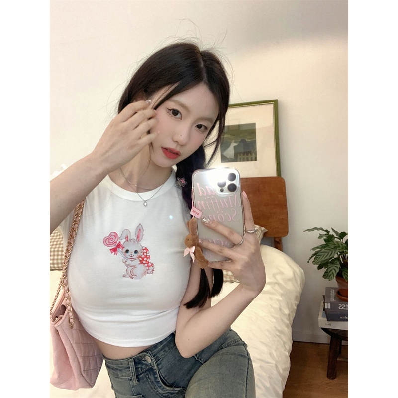 Áo Baby Tee Thun Croptop Nữ Tay Ngắn Hở Rốn Dáng Ôm In Hình Thỏ Dễ Thương Thời Trang Mùa Hè Cho Bạn Gái