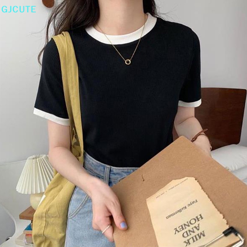 Áo Thun Tay Ngắn Cổ Tròn Màu Sắc Tương Phản Thời Trang Mùa Hè Cho Nữ