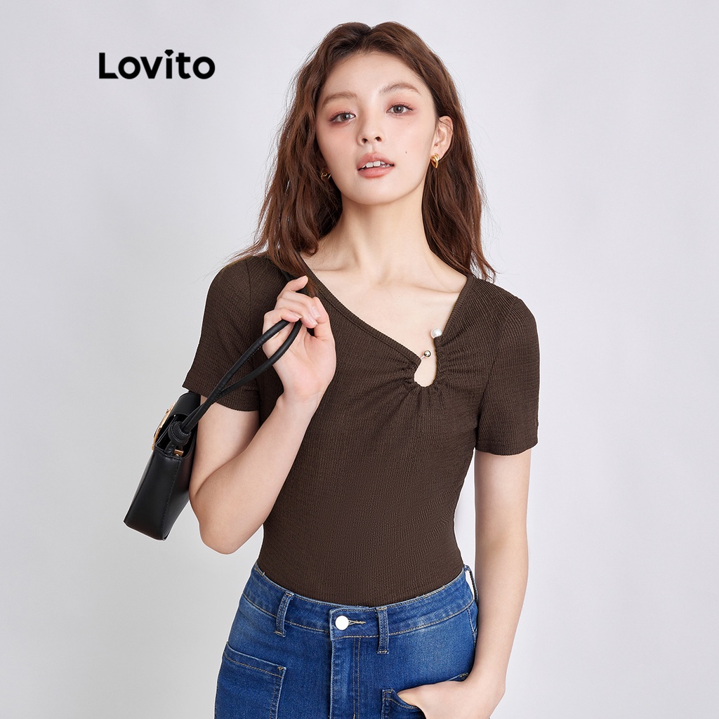 Áo Thun Kim Loại Trơn Đính Ngọc Trai Lovito L41ED006 (Nâu)