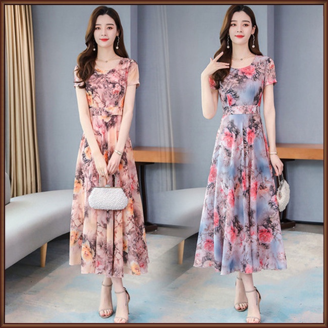 Đầm Công Chúa Dáng Chữ A Tay Ngắn Cổ Chữ V Bằng Lụa Mát In Họa Tiết Hoa