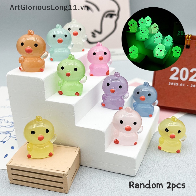 Set 2 Tượng Gà Con Dạ Quang Mini Bằng Nhựa Resin Trang Trí Tiểu Cảnh / Xe Hơi