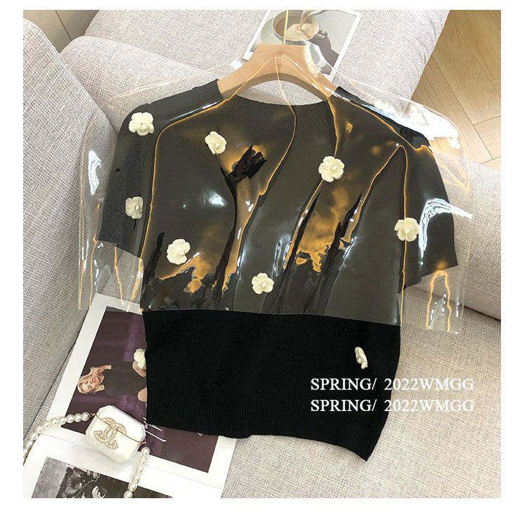 Áo Thun Lụa Dệt Kim Mỏng Tay Ngắn In Hoa Dễ Thương