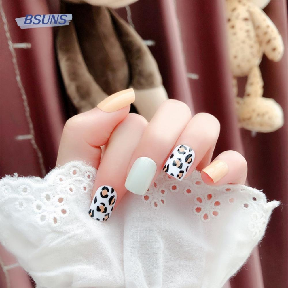 BSUNS Hộp 24 Móng Tay Giả Toàn Diện Họa Tiết Da Báo Đầu Tròn Có Thể Tháo Rời