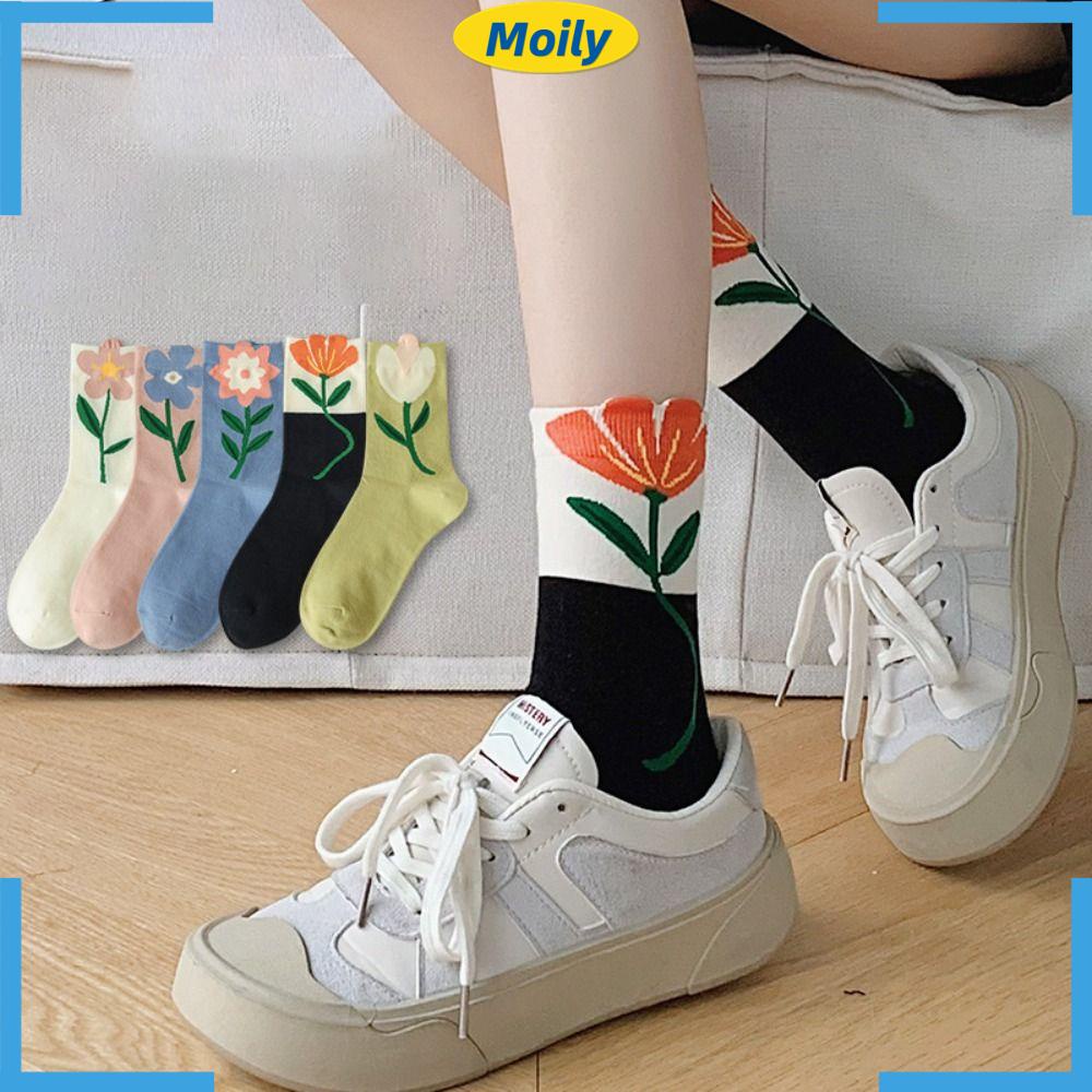 MOILYVN Bộ 2 Đôi Vớ Cổ Vừa In Họa Tiết Hoa Màu Kẹo Ngọt In Họa Tiết Hoạt Hình Dễ Thương Thời Trang Cho Nữ