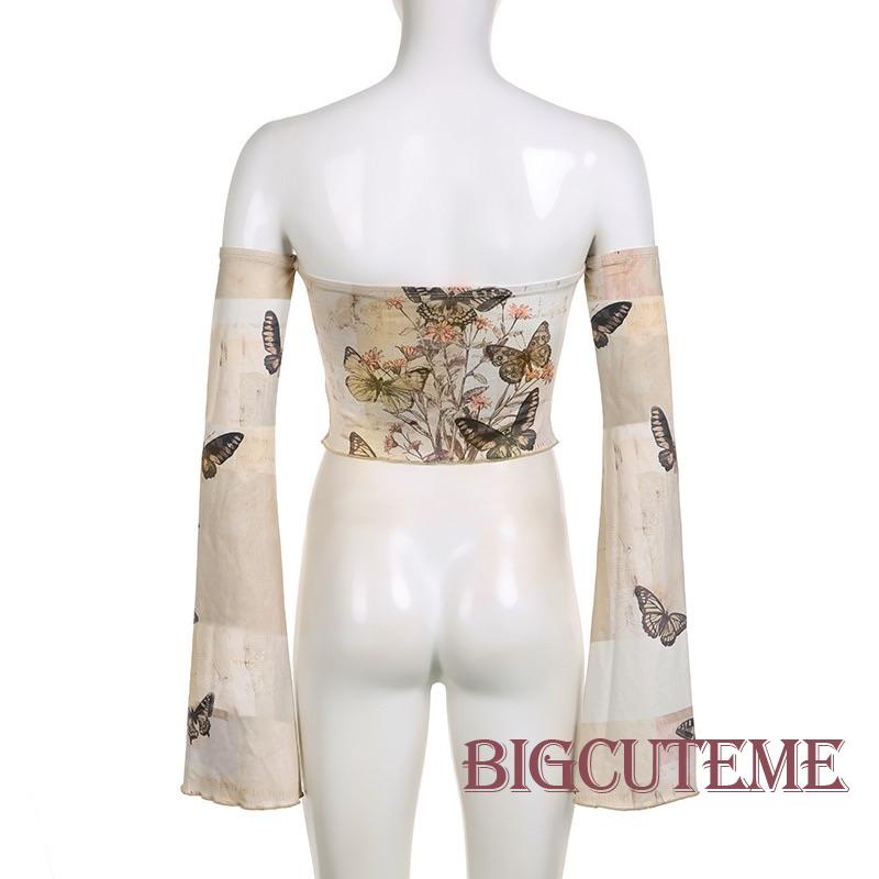 Áo Croptop Trễ Vai Dài Tay In Họa Tiết Hoa Bướm Thời Trang Dành Cho Nữ