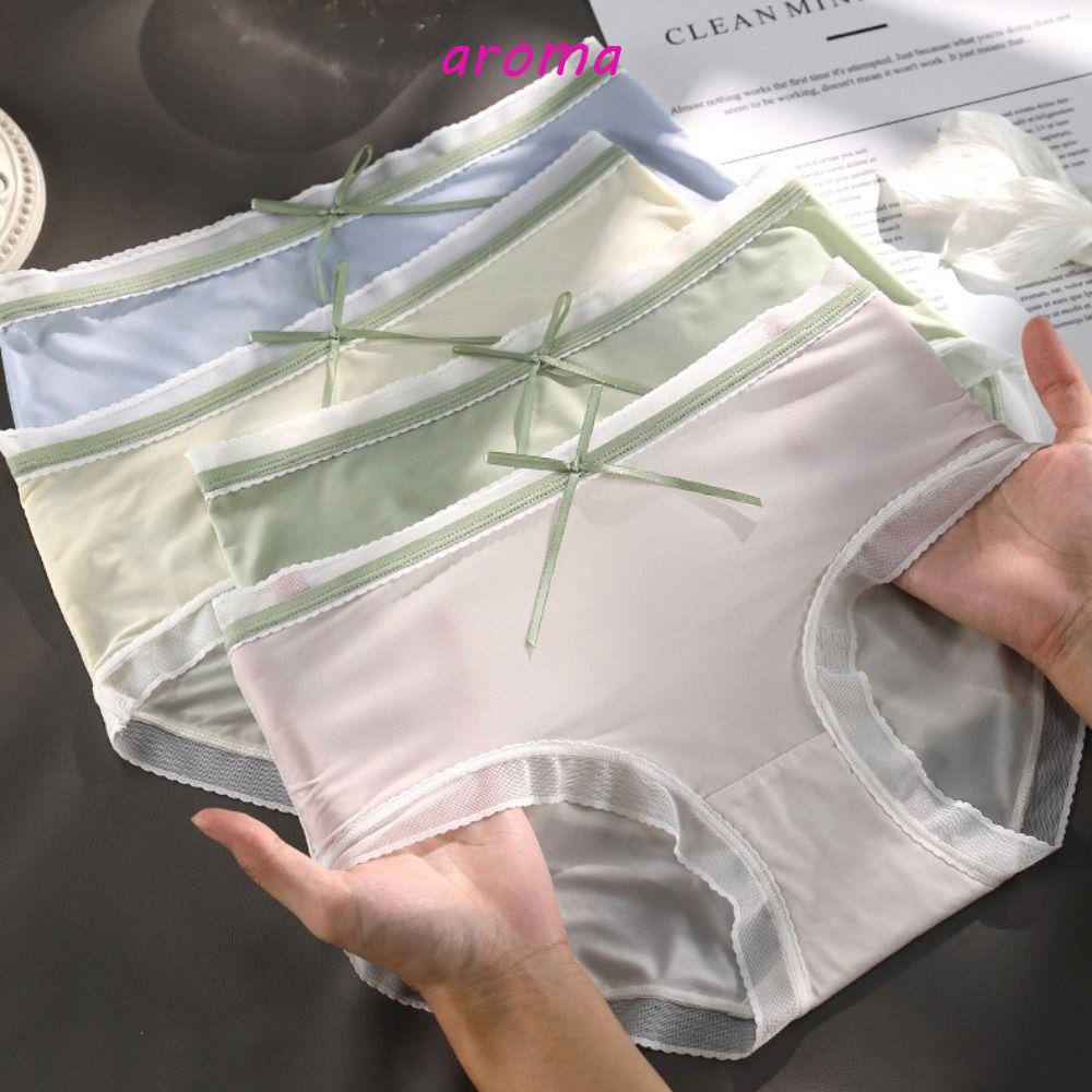 AROMA Quần Lót Lụa Phối Ren Thoáng Khí Đính Nơ Ngọt Ngào Cho Nữ