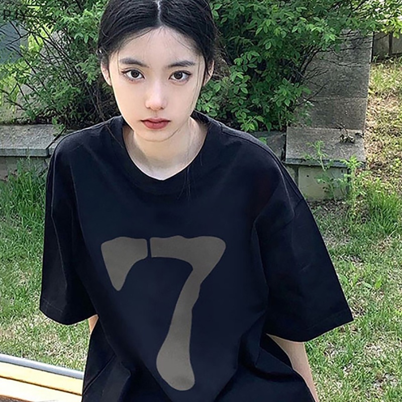 Áo Thun Ngắn Tay Cổ Tròn Dáng Rộng In Số Phong Cách Retro Mỹ Cho Nữ PJ