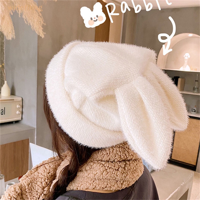 Mũ Len Beanie Đính Tai Thỏ Dễ Thương Cho Nữ