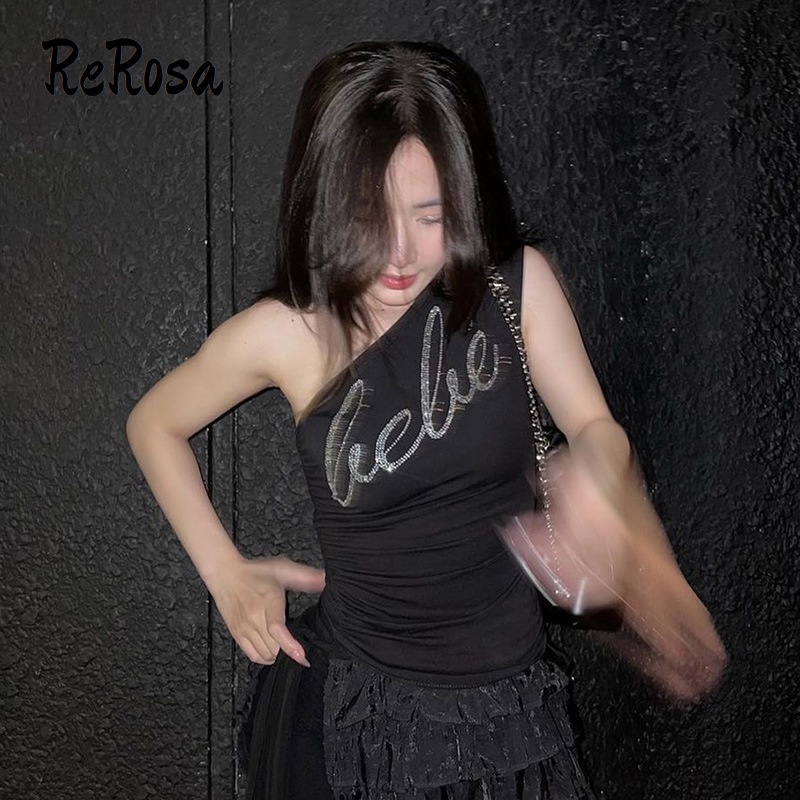 Rerosa Áo Ngắn Trễ Vai Ôm Dáng Đính Kim Cương Nóng Bỏng Gợi Cảm Hàng Mới 2023 Dành Cho Bạn Nữ