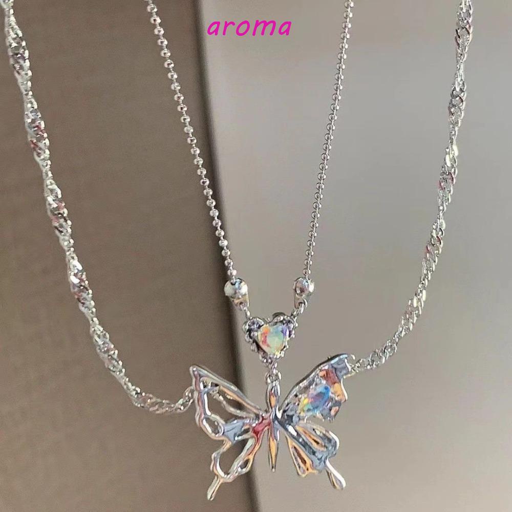 AROMA Vòng Cổ Choker Hai Lớp Mặt Hình Bướm Màu Bạc Phong Cách Pháp Cổ Điển Thanh Lịch Dành Cho
