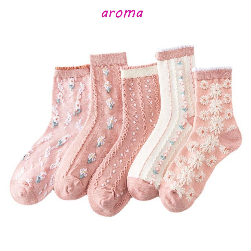 AROMA Vớ Cotton Dày Dặn Ấm Áp Thêu Họa Tiết Hoa Dễ Thương Thời Trang Mùa Đông Cho Nữ