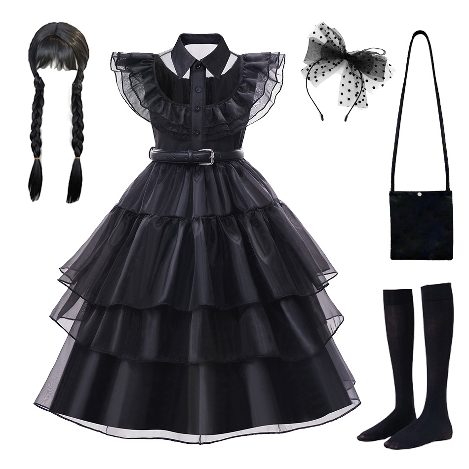 Đầm Hóa Trang Halloween Addams Màu Đen Phong Cách Gothic 2023 Cho Bé Gái E75 3-12 Tuổi