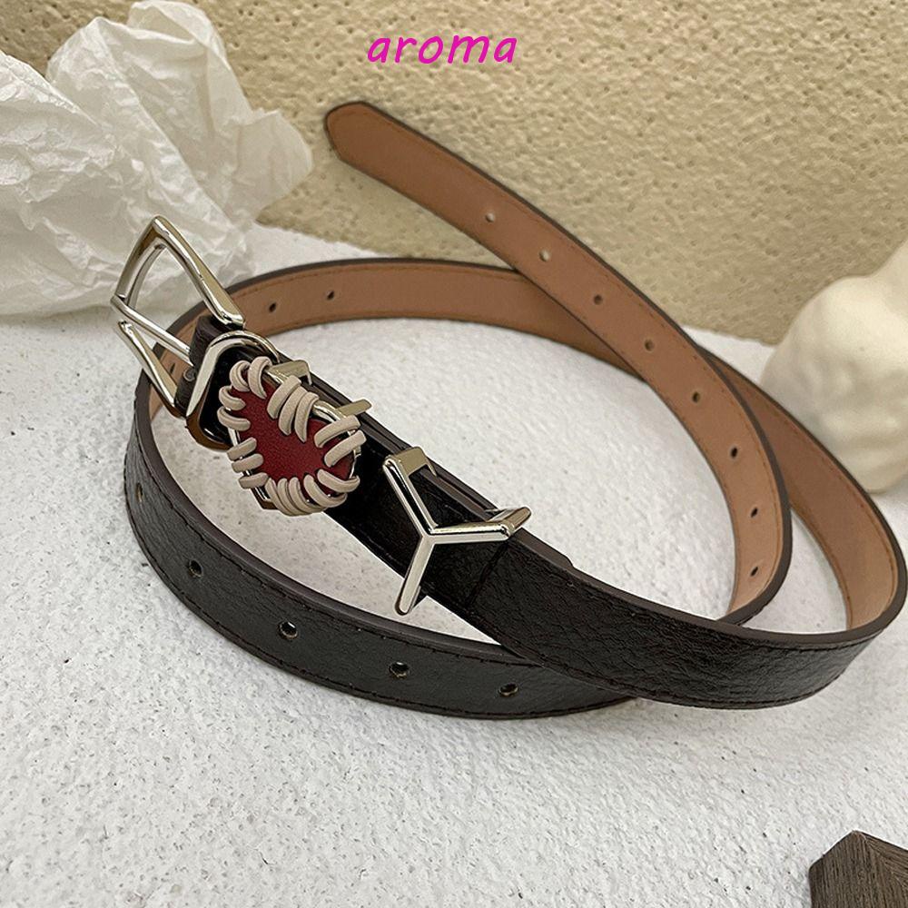 AROMA Thắt Lưng Da PU Màu Trơn Khóa Kim Loại Thời Trang Cho Nam Nữ