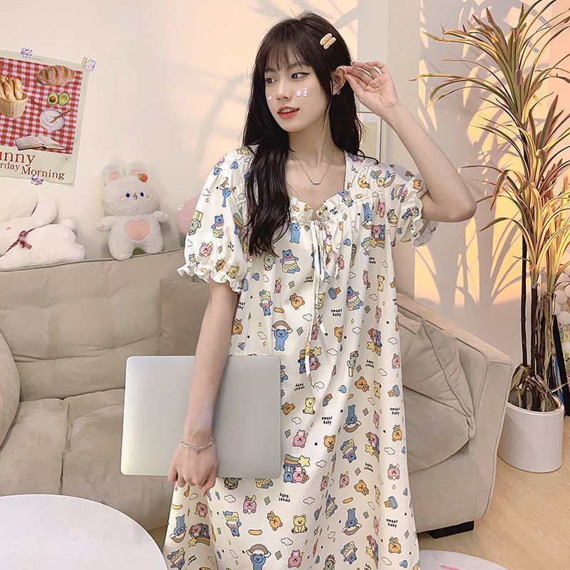 Đồ ngủ Mùa Hè Dài Qua Gối In Họa Tiết Hoạt Hình Dễ Thương Phong Cách Idle Ngọt Ngào Mới Cho Nữ