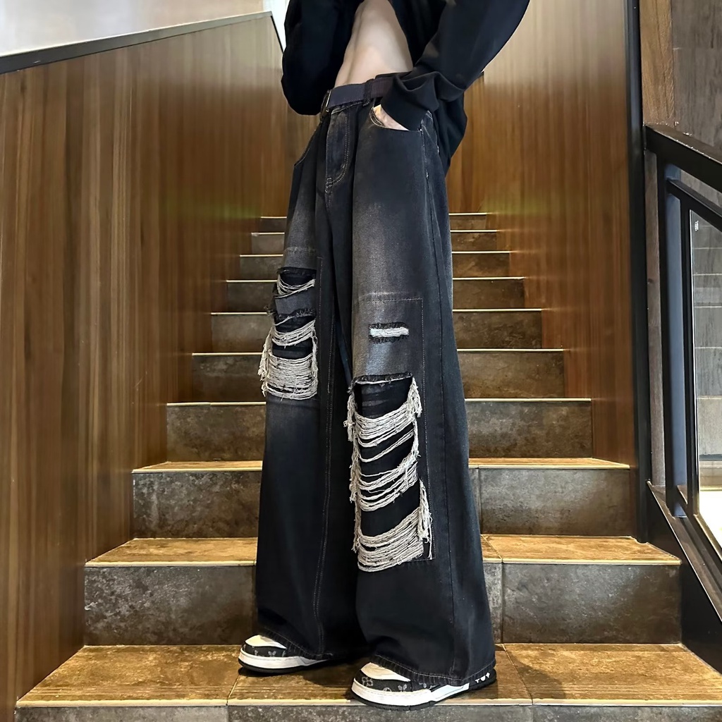 Quần Jean Dài Ống Rộng Phối Rách Kiểu Retro Đường Phố Thời Trang Mùa Hè Cá Tính