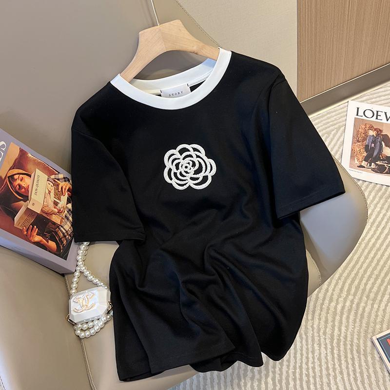 Áo Thun Mỏng Dáng Rộng Tay Ngắn Đính Hạt Hình Hoa Trà Cỡ Lớn 300 Thời Trang Cho Nữ