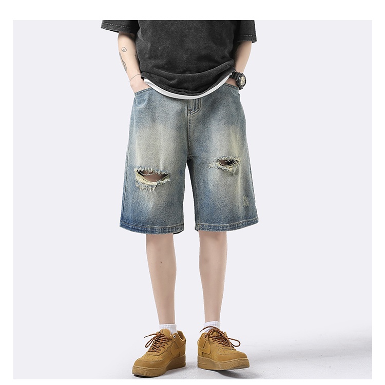 Quần Short Denim Rách Phong Cách Đường Phố Mỹ Cá Tính Cho Nam