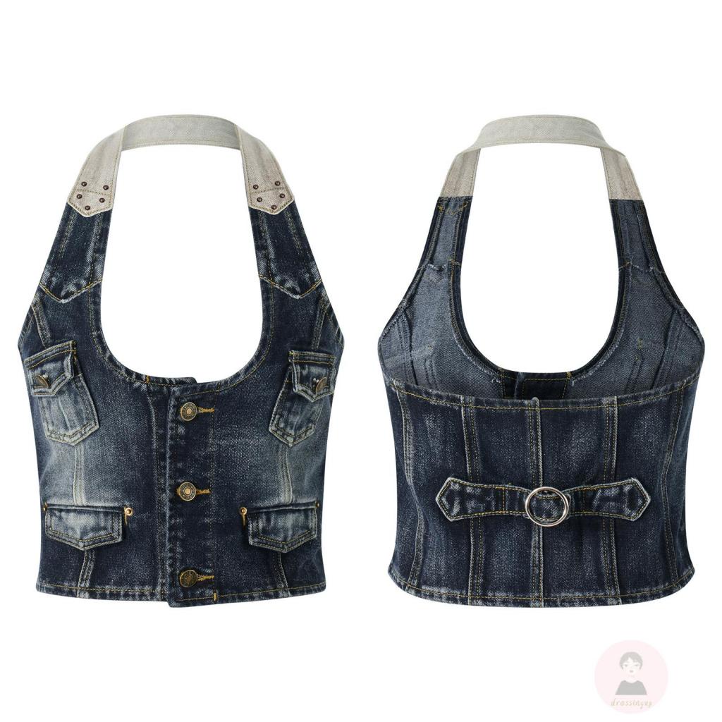 Áo Denim Sát Nách Hở Lưng Cài Nút Phong Cách Retro Thời Trang Mùa Hè Cho Nữ