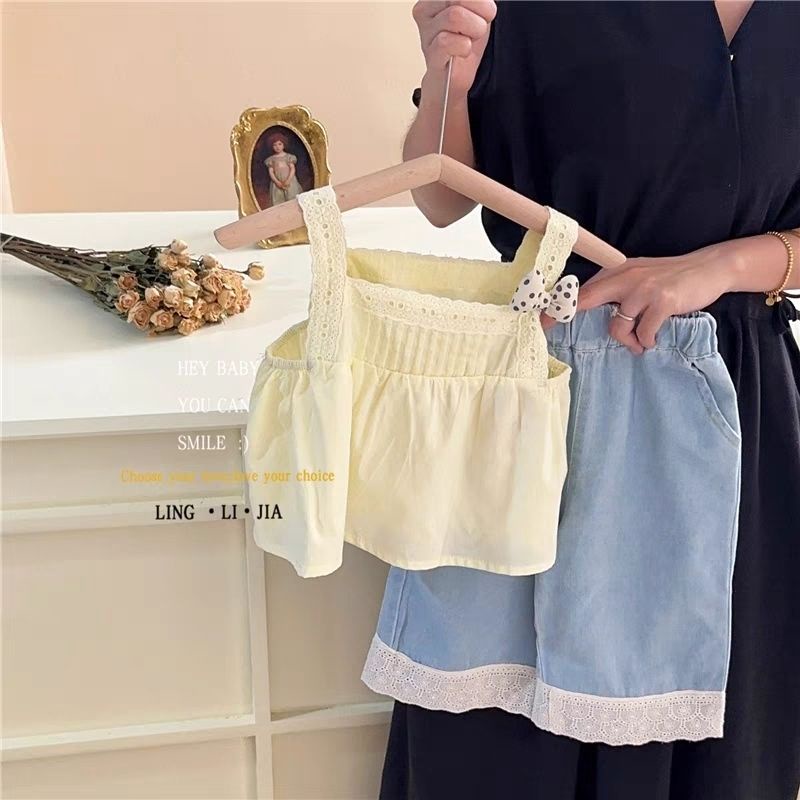Set Áo Hai Dây Thắt Nơ + Quần Dài Thời Trang Mùa Hè Mới 2023 Cho Bé Gái