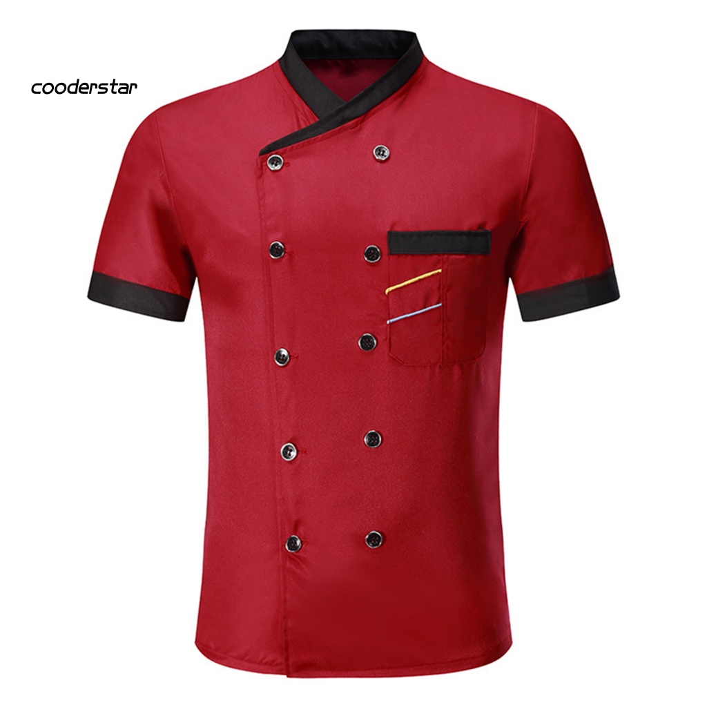 Áo Đầu Bếp Ngắn Tay Cổ Đứng Cài Hai Hàng Nút Có Túi Và Nút Cài Cho Unisex Nhà Hàng Khách Sạn