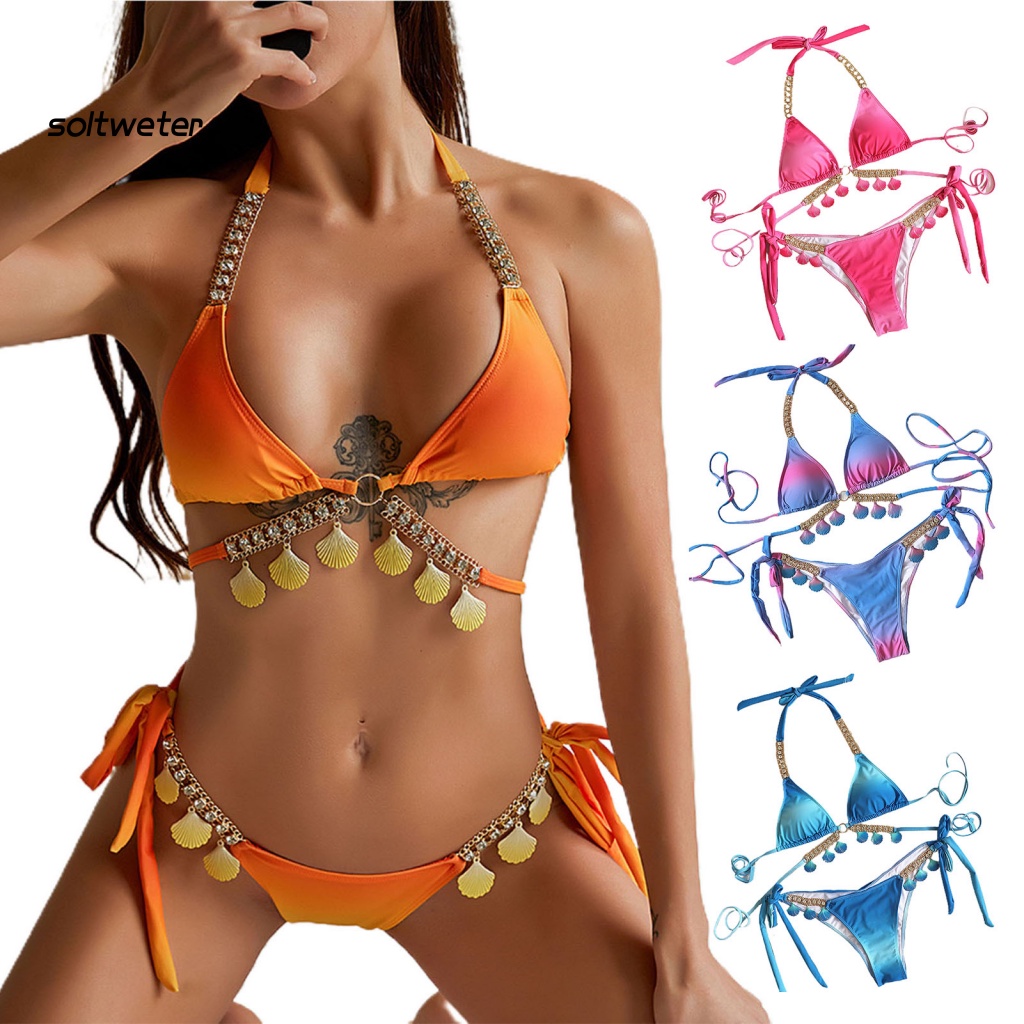 Bộ Bikini 2 Mảnh Cổ Yếm Hình Vỏ Sò Màu Gradient Bắt Mắt Dành Cho Nữ