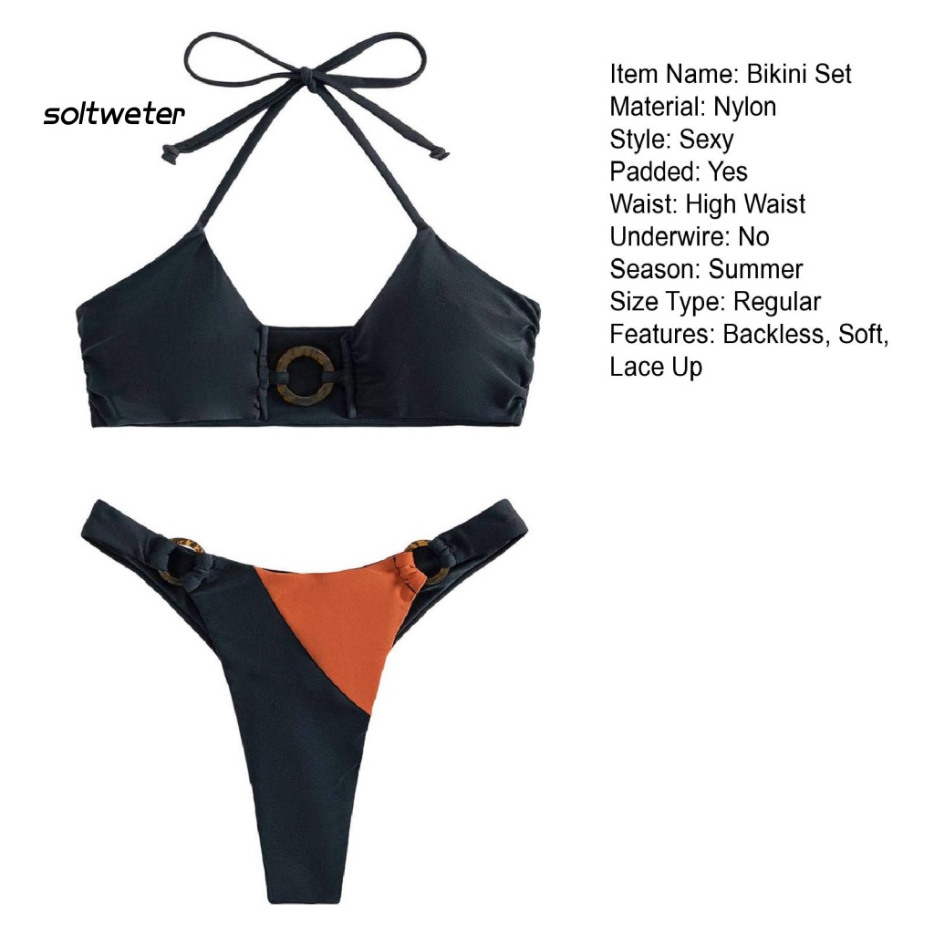 Bộ Đồ Bơi 2 Mảnh Mùa Hè Gồm Áo Cổ Yếm Cạp Cao Hở Lưng Cột Dây Màu Sắc Tương Phản Cho Nữ