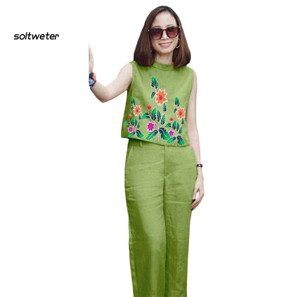 Bộ Trang Phục 2 Mảnh Gồm Áo Không Tay Cổ Tròn Và Quần Dài Lưng Thun In Họa Tiết Hoa Dáng Rộng Thời Trang Cho Nữ