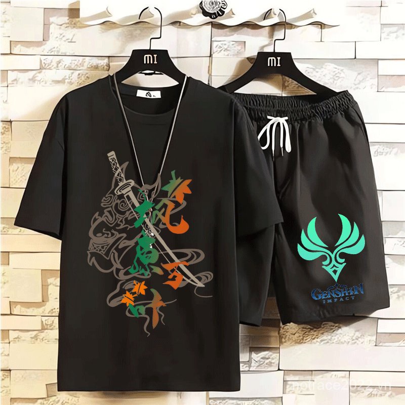 ★Genshin Impact★Ayaka & Shenhe & Eula Merchandise Áo Thun Ngắn Tay + Quần Short Giản Dị Dành Cho Học Sinh