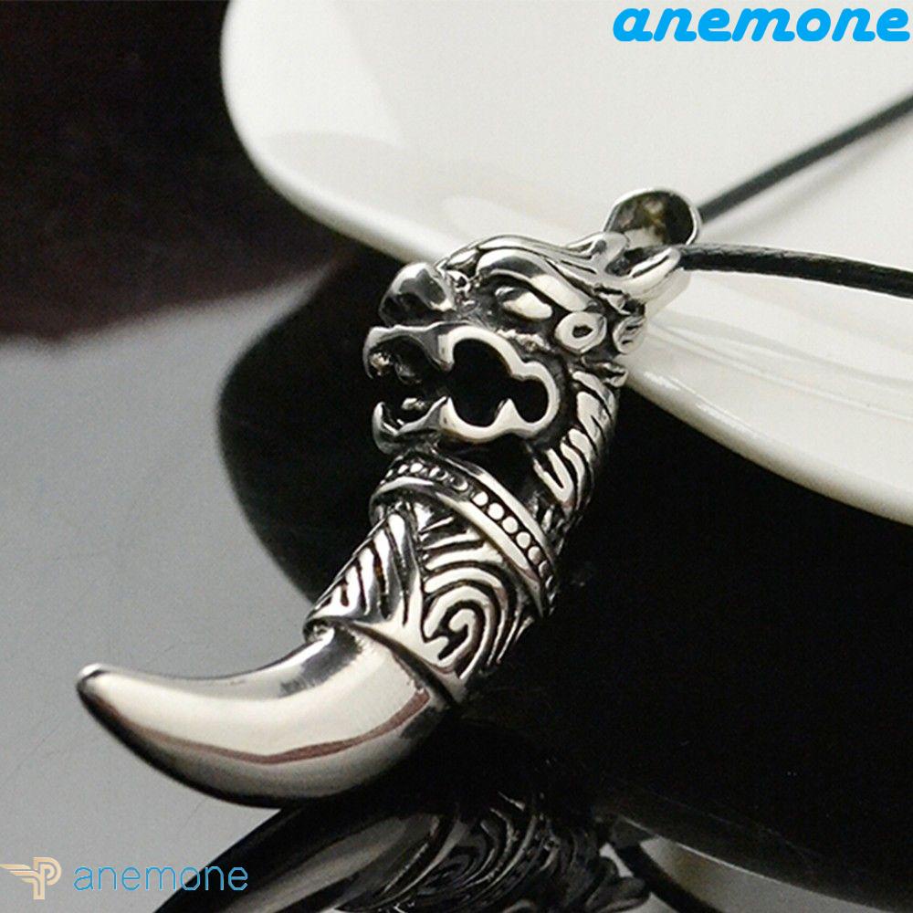 ANEMONE Vòng cổ Da Mặt Răng Sói Bằng Thép Không Gỉ Phong Cách Retro Cho Nam