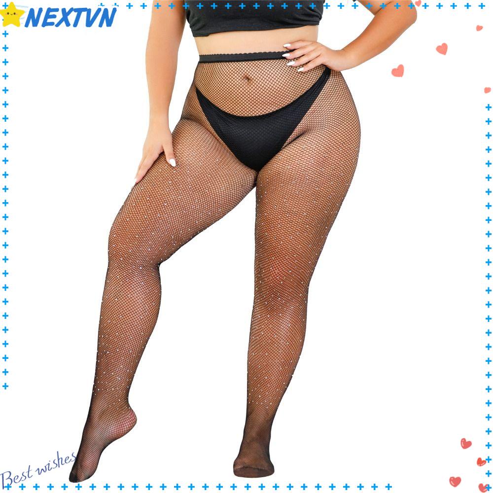 NEXTVN Quần Tất Lưới Đen Lưng Cao Co Giãn Đính Đá Lấp Lánh Gợi Cảm Cho Nữ