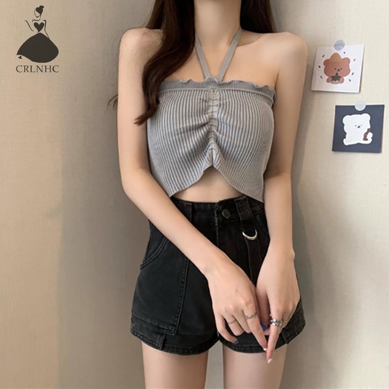 Áo croptop CRLNHC dệt kim hai dây dáng ngắn thời trang mùa hè cho nữ