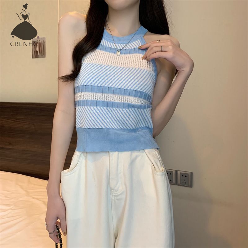 Áo Croptop Dệt Kim Sát Nách Cổ Tròn Kẻ Sọc Kiểu Vintage Thời Trang Mùa Hè Cho Bạn Gái