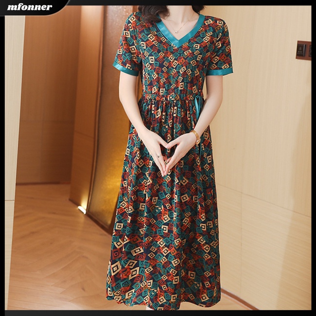 Đầm Midi Tay Ngắn Cổ Chữ V Eo Cao Màu Sắc Tương Phản Thanh Lịch Dành Cho Nữ