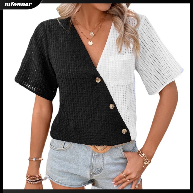 Áo Dệt Kim Tay Ngắn Cổ Chữ V Màu Sắc Tương Phản Thời Trang Cho Nữ