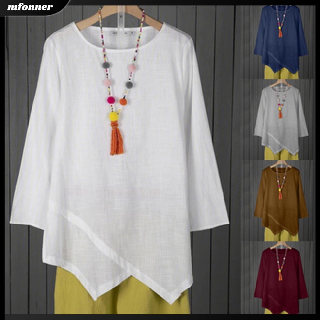 Áo Thun Cotton Lanh Tay Dài Cổ Tròn Màu Sắc Đơn Giản Thanh Lịch Dành Cho Nữ