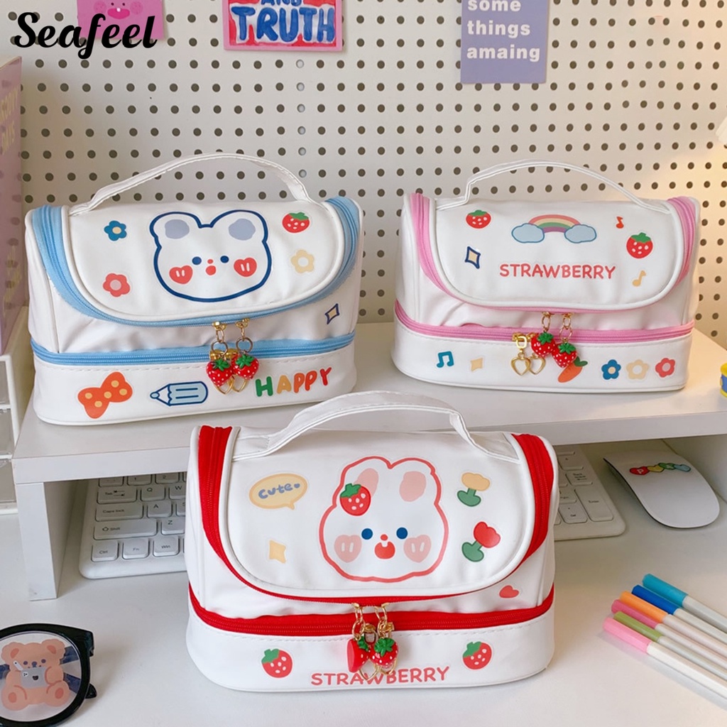 Túi Đựng Bút Chì Hai Lớp Chống Bụi In Họa Tiết Thỏ Đáng Yêu