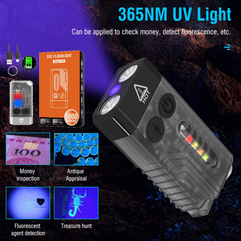 Móc Khóa Đèn Pin Cảnh Báo An Toàn Đa Năng 365nm Ánh Sáng Tím Sạc Cổng Usb