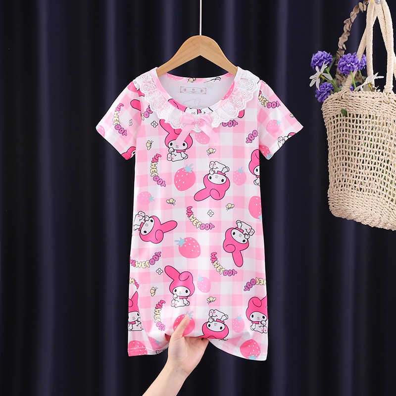 Kawaii sanrios kids nightdress dễ thương anime mymelody kuromi cinnamoroll phim hoạt hình đồ ngủ mùa hè tay ngắn váy đồ mặc nhà quà tặng