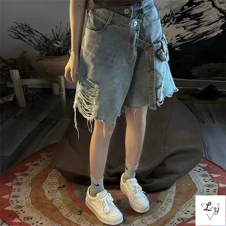 Quần Short Denim Rách Phong Cách Thời Trang Đường Phố Mỹ Hàn Quốc Cho Nữ Có Size Lớn