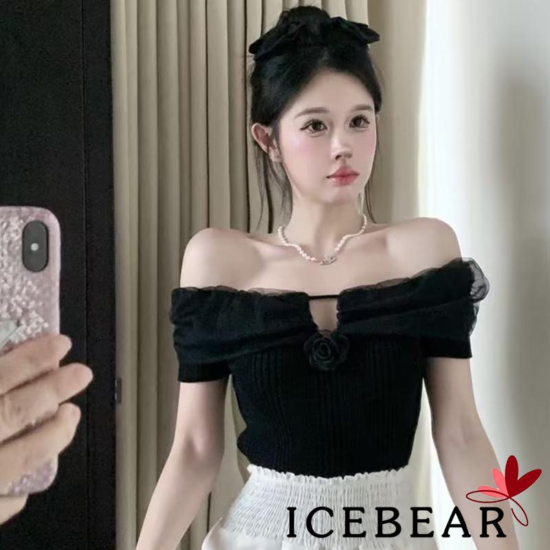 Áo Thun Nữ Ngắn Tay Trễ Vai Màu Sắc Trơn In Hình Hoa 3D