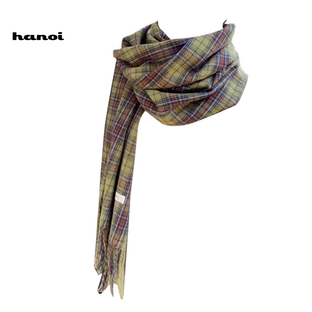 Khăn Choàng Cổ Dài Dày Dặn Họa Tiết Sọc Caro Màu Xanh Lá Phối Tua Rua Thời Trang Thu Đông Cho Nữ