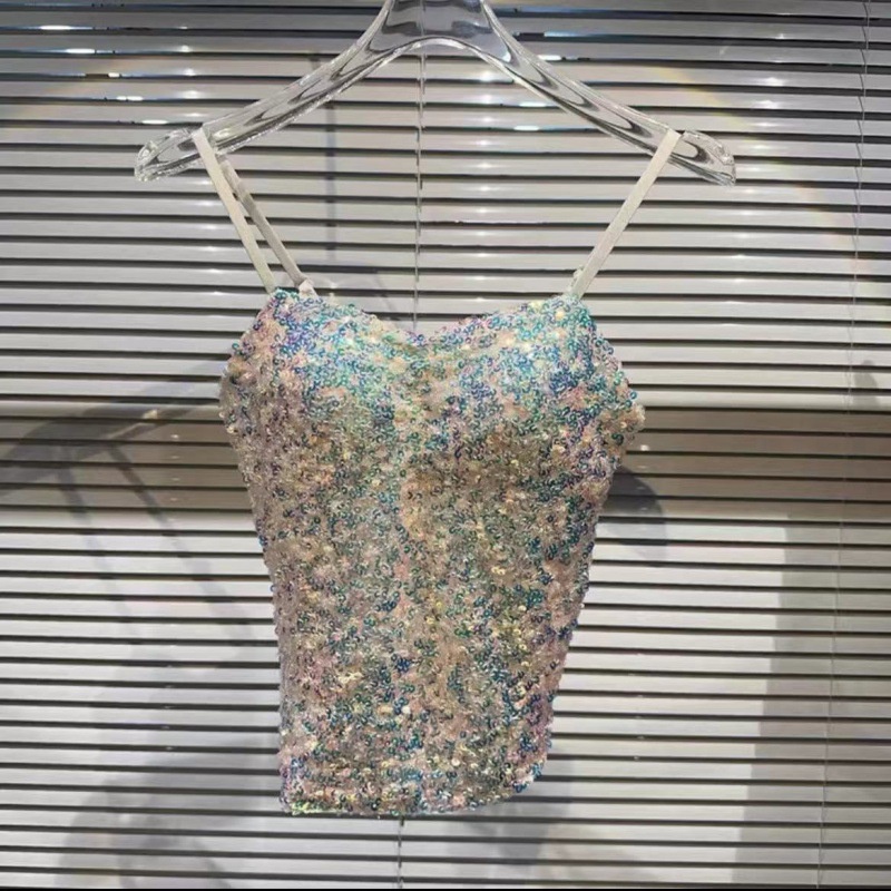 Áo Hai Dây Có Mút Ngực Dáng Dài Đính Kim Sa Lấp Lánh Phong Cách Mới Quyến Rũ Thoáng Khí Dành Cho Nữ