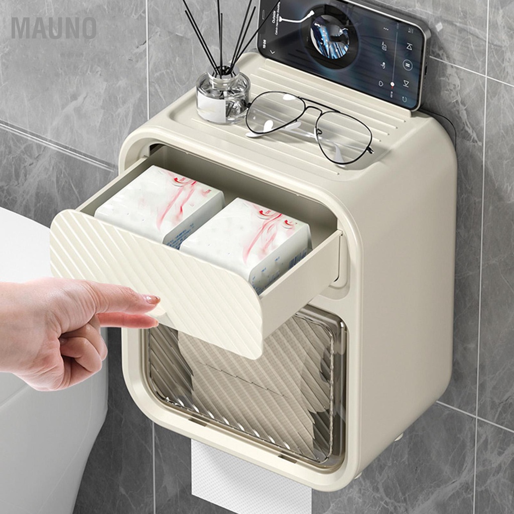 Mauno Giá đỡ giấy vệ sinh Treo tường Hộp lưu trữ cuộn khăn không thấm nước có ngăn kéo cho phòng tắm